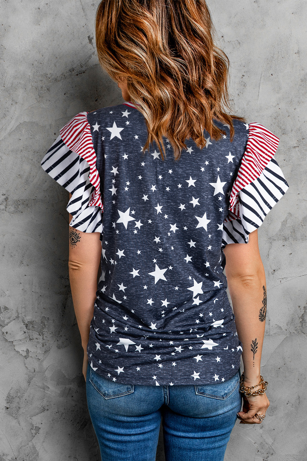 Striped Ruffled Sleeve Star Print T Shirt