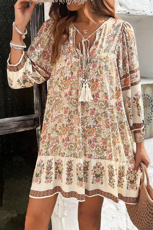 Apricot Floral Print Tassel Drawstring V Neck Loose Mini Dress