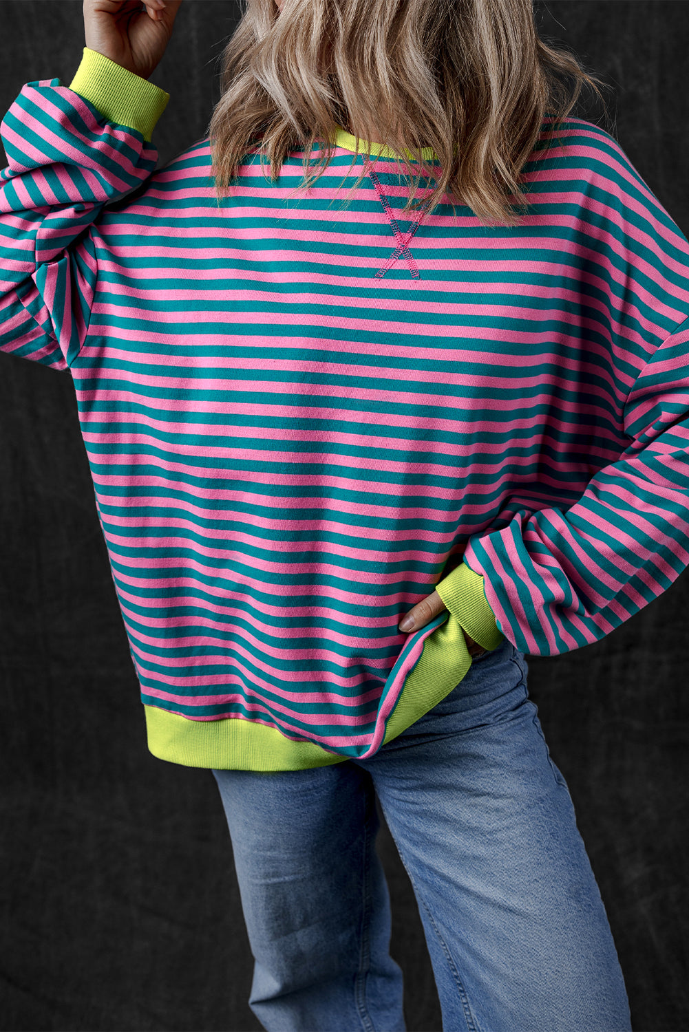 Black Stripe Oversized Contrast Trim Pullover Sweatshirt