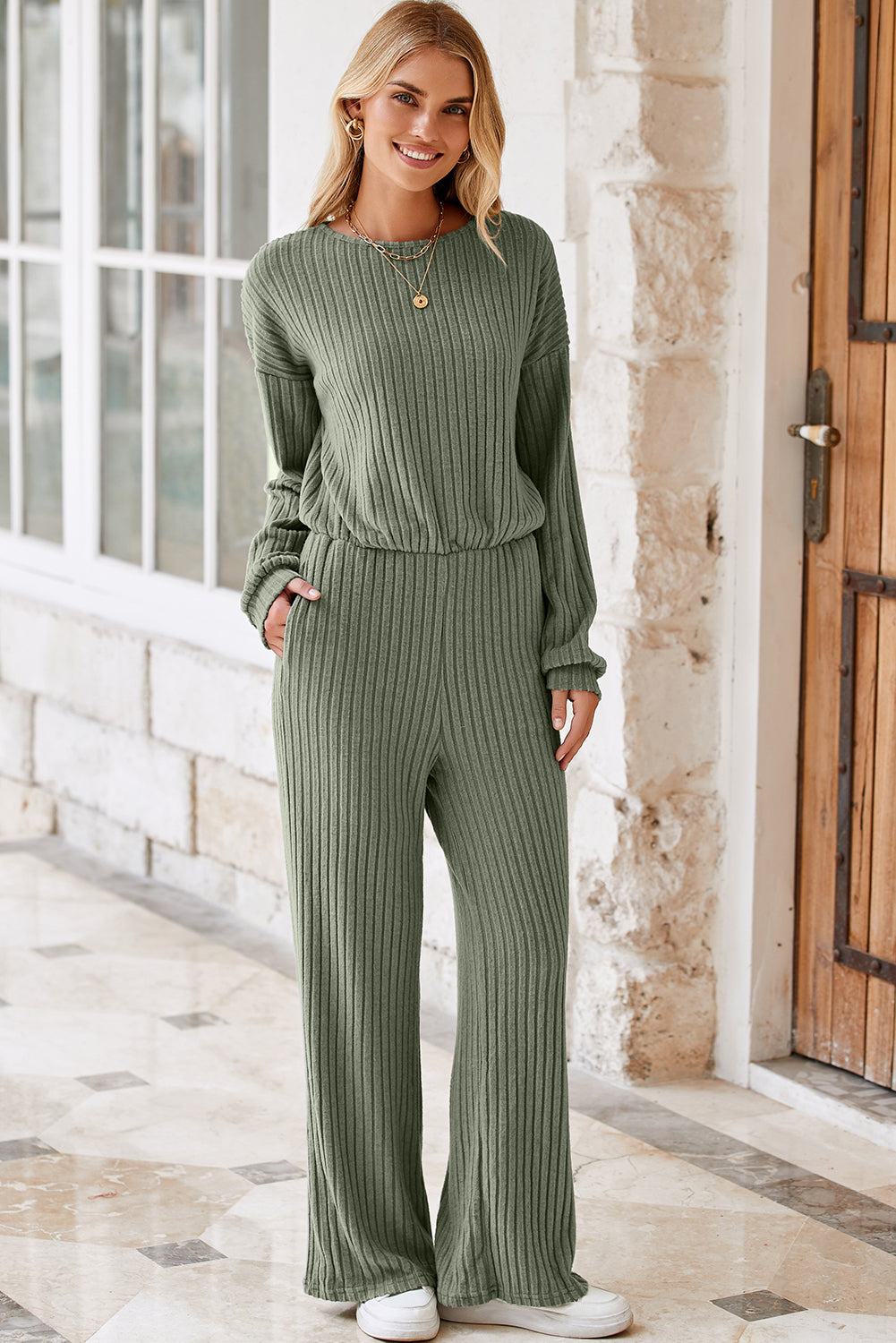 Solid Ribbed Knit Keyhole Back High Waist Jumpsuit