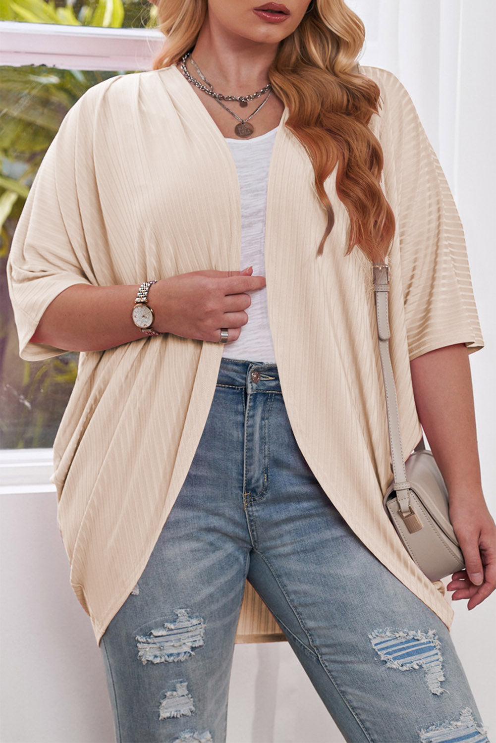 Purple Shimmer Ribbed Texture Plus Size Cardigan