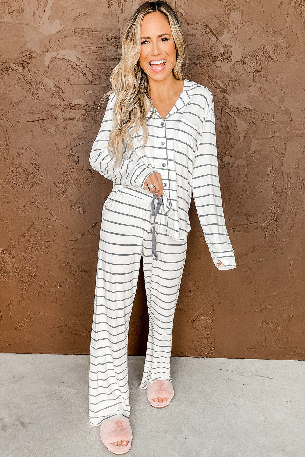 White Leopard Print Long Sleeve and Pants Pajamas Set