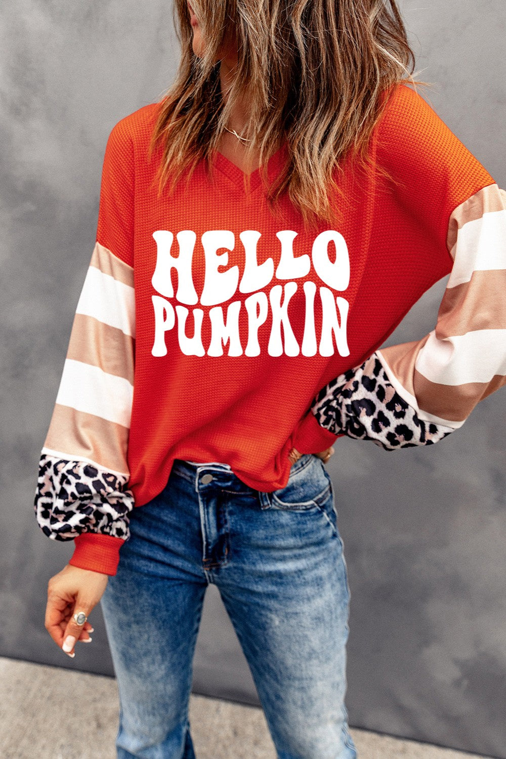 Hello Pumpkin V-Neck Long Sleeve Top