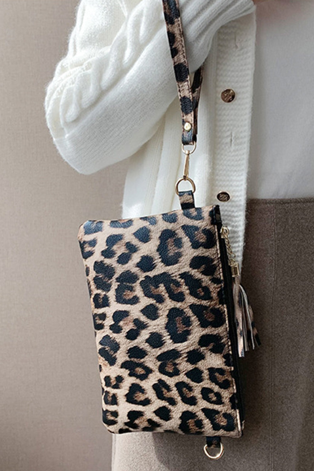 Chestnut Leopard Print Wrist Strap Zipped Wallet