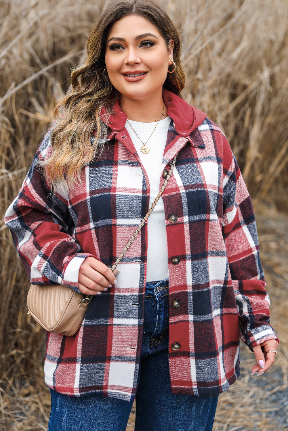 Red Printed Plus Size Plaid Button up Hooded Jacket