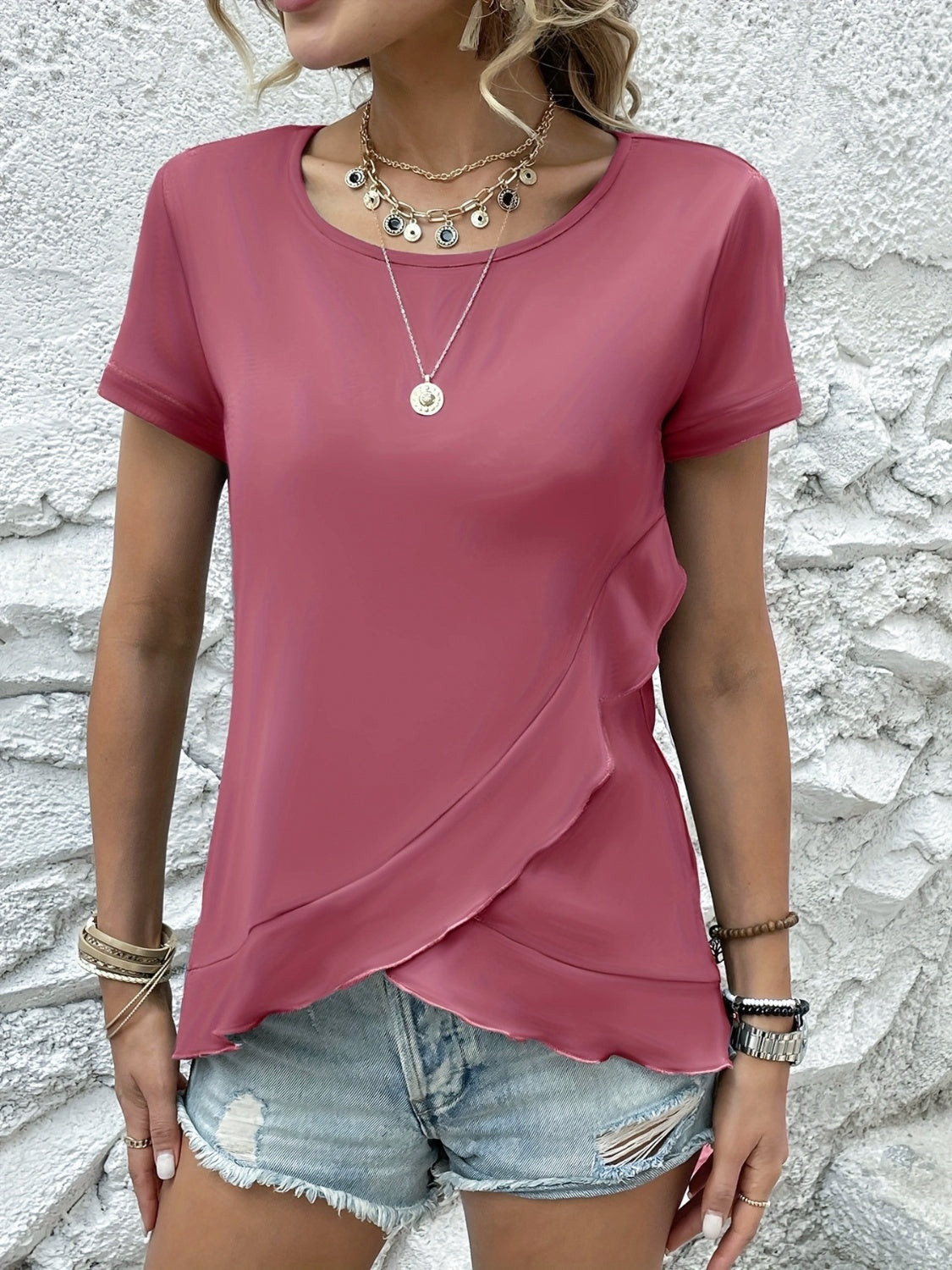 Ruffled Round Neck Short Sleeve Top