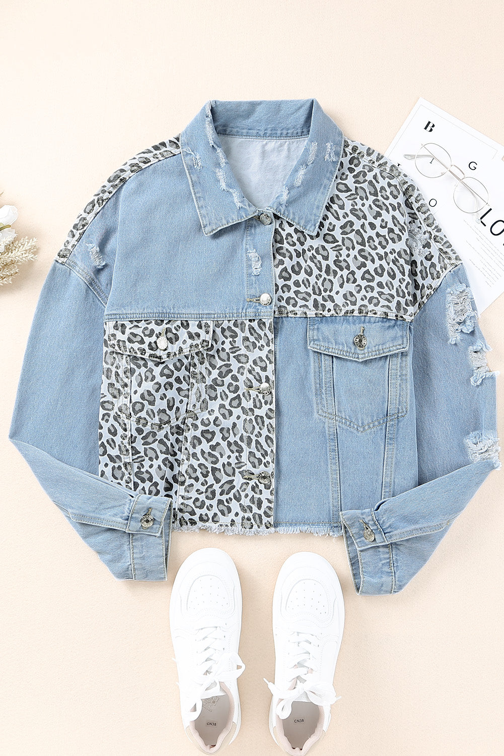 Blue Plus Size Leopard Ripped Cropped Denim Jacket