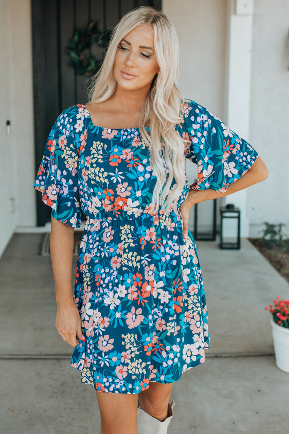 Dark Blue Bohemian Floral Print Off Shoulder Short Dress