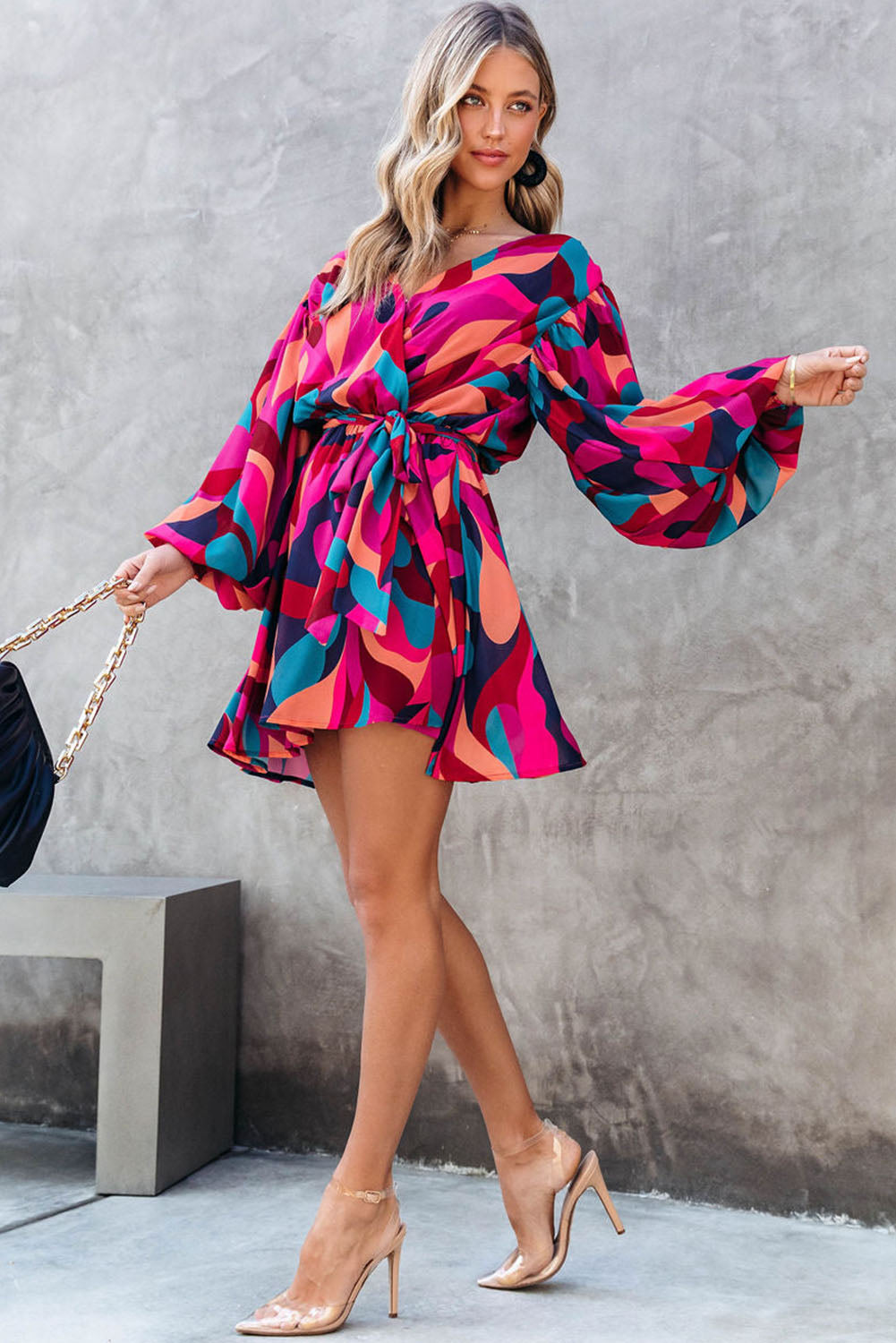 Multicolor Abstract Printed Belted Puff Sleeve Mini Dress