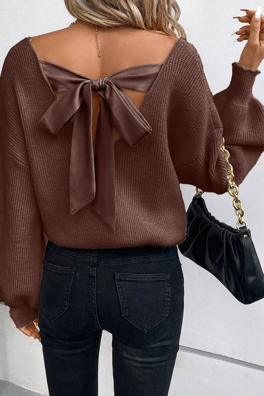 Oh So Sweet! Lantern Sleeve V Neck Knot Back Sweater