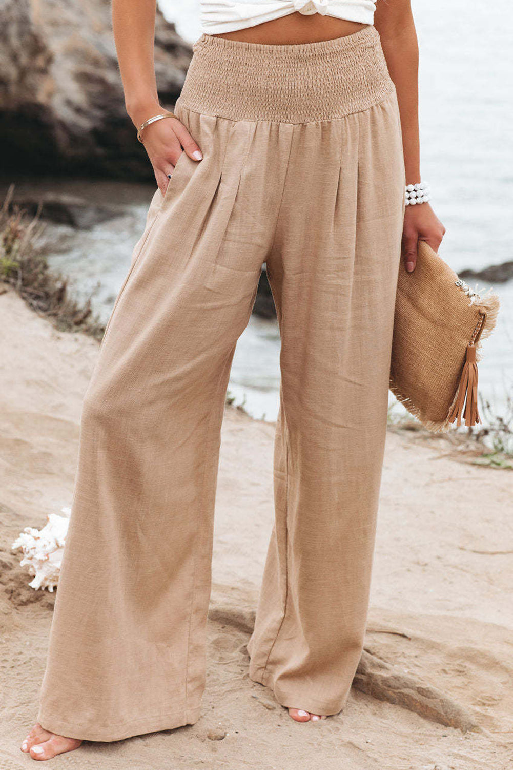 Smocked Wide Waistband High Waist Wide Leg Pants