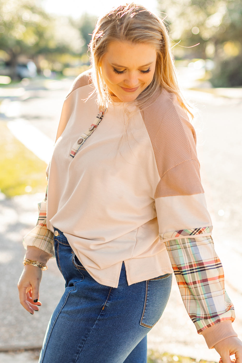 Parchment Plaid Patchwork Layered Henley Top