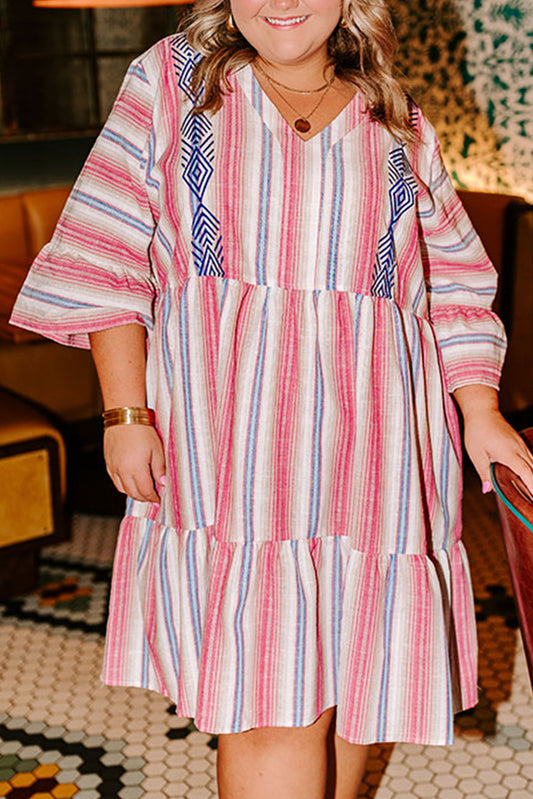 White Stripe Embroidered Detail Dress