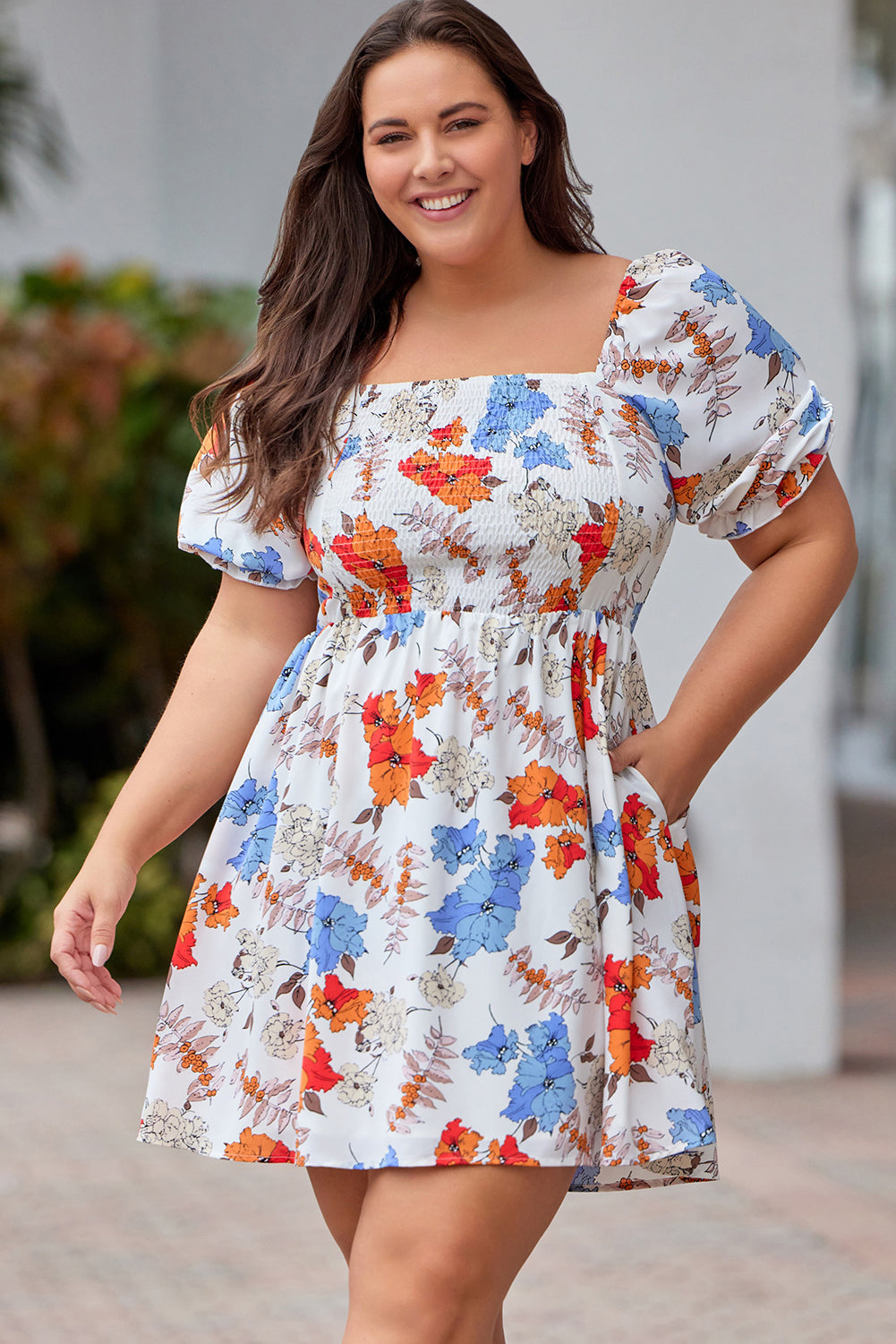 White Floral Smocked Flared Dress