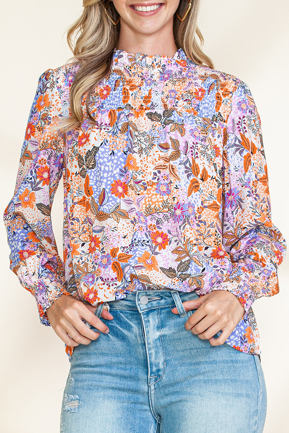 Multicolor Boho Floral Print Bishop Sleeve Smocked Blouse