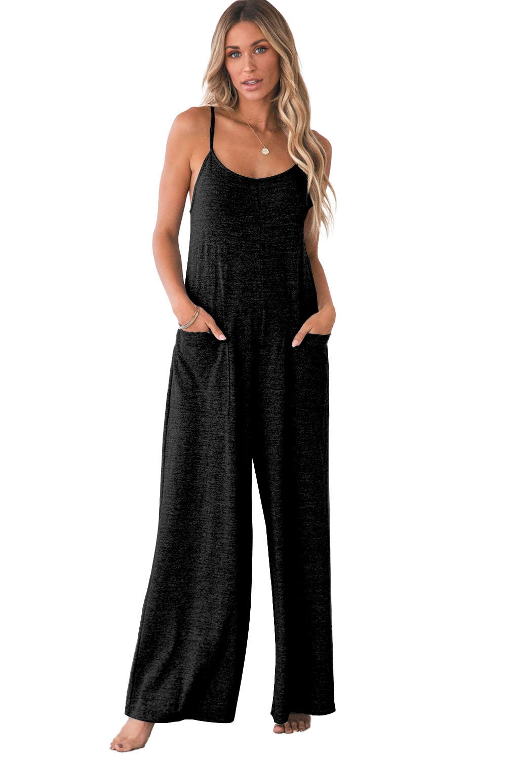 Gray Patch Pockets Spaghetti Strap Wide Leg Jumpsuit