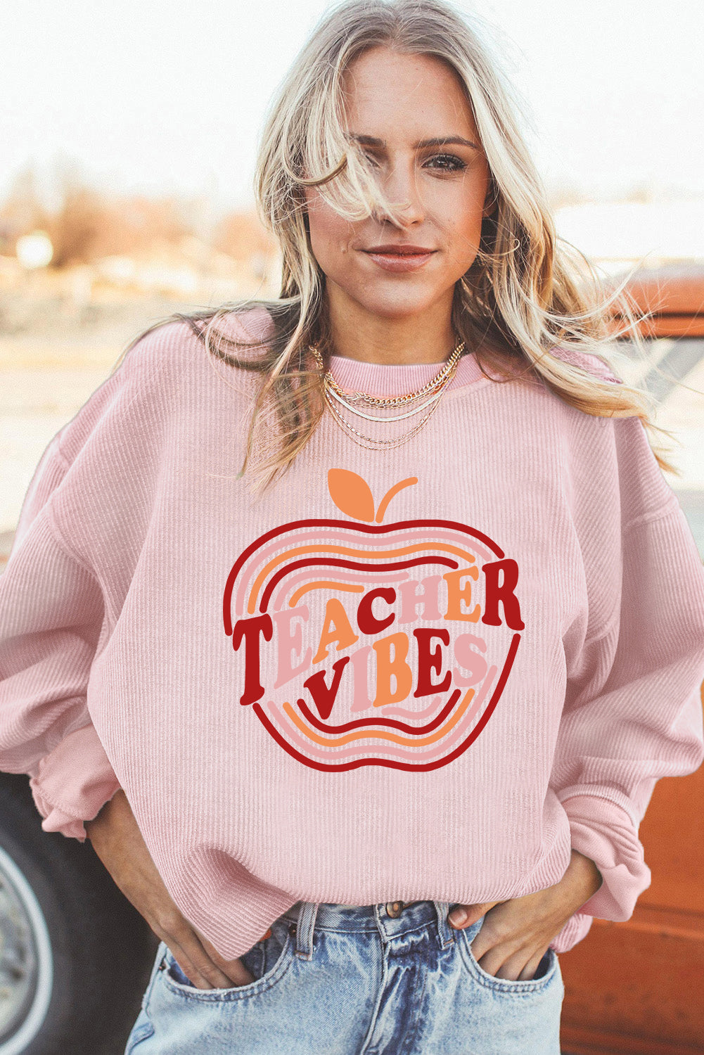 Light Pink TEACHER VIBES Apple Shape Ribbed Loose Sweatshirt