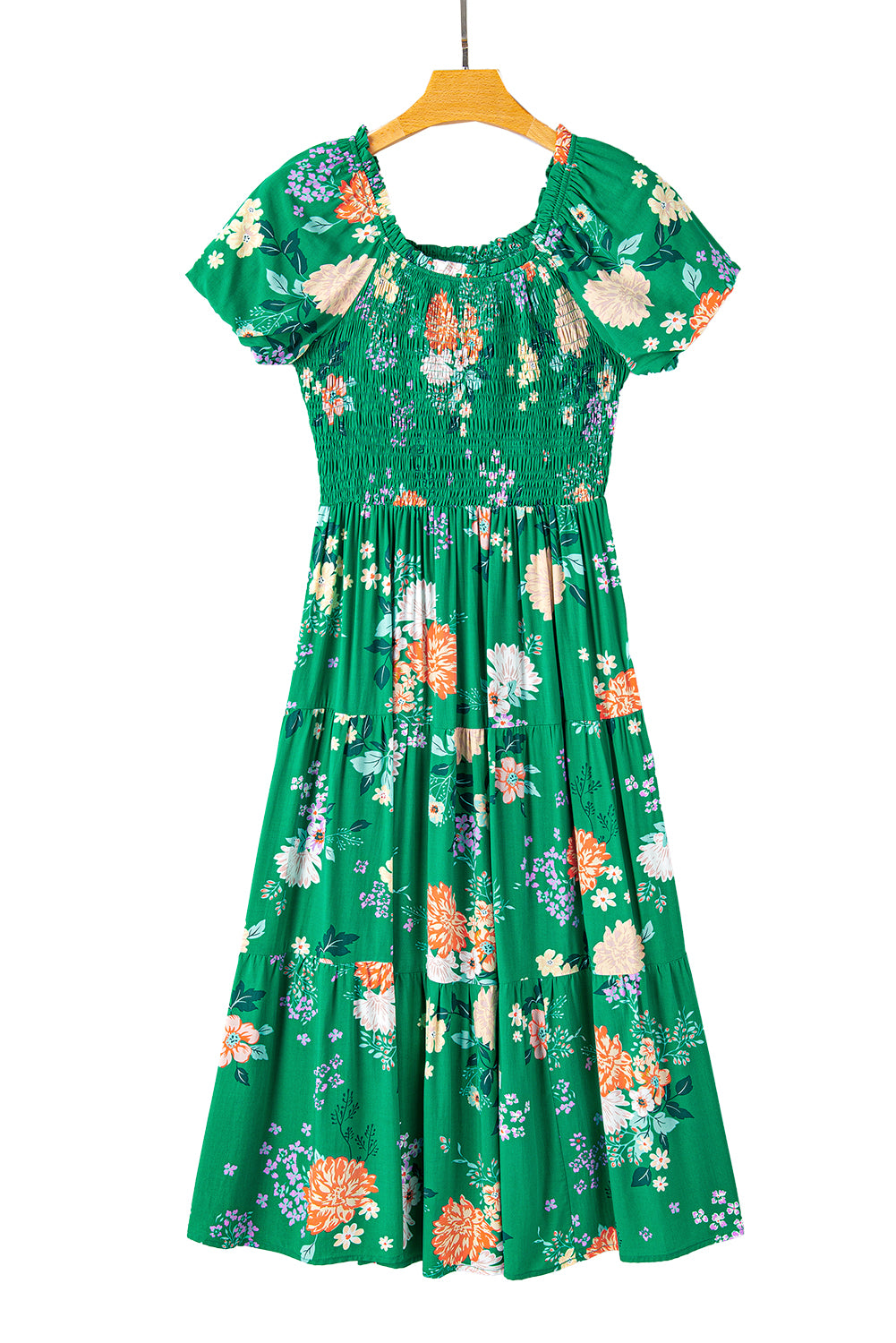 Green Floral Print Bubble Sleeve Smocked Tiered Midi Dress