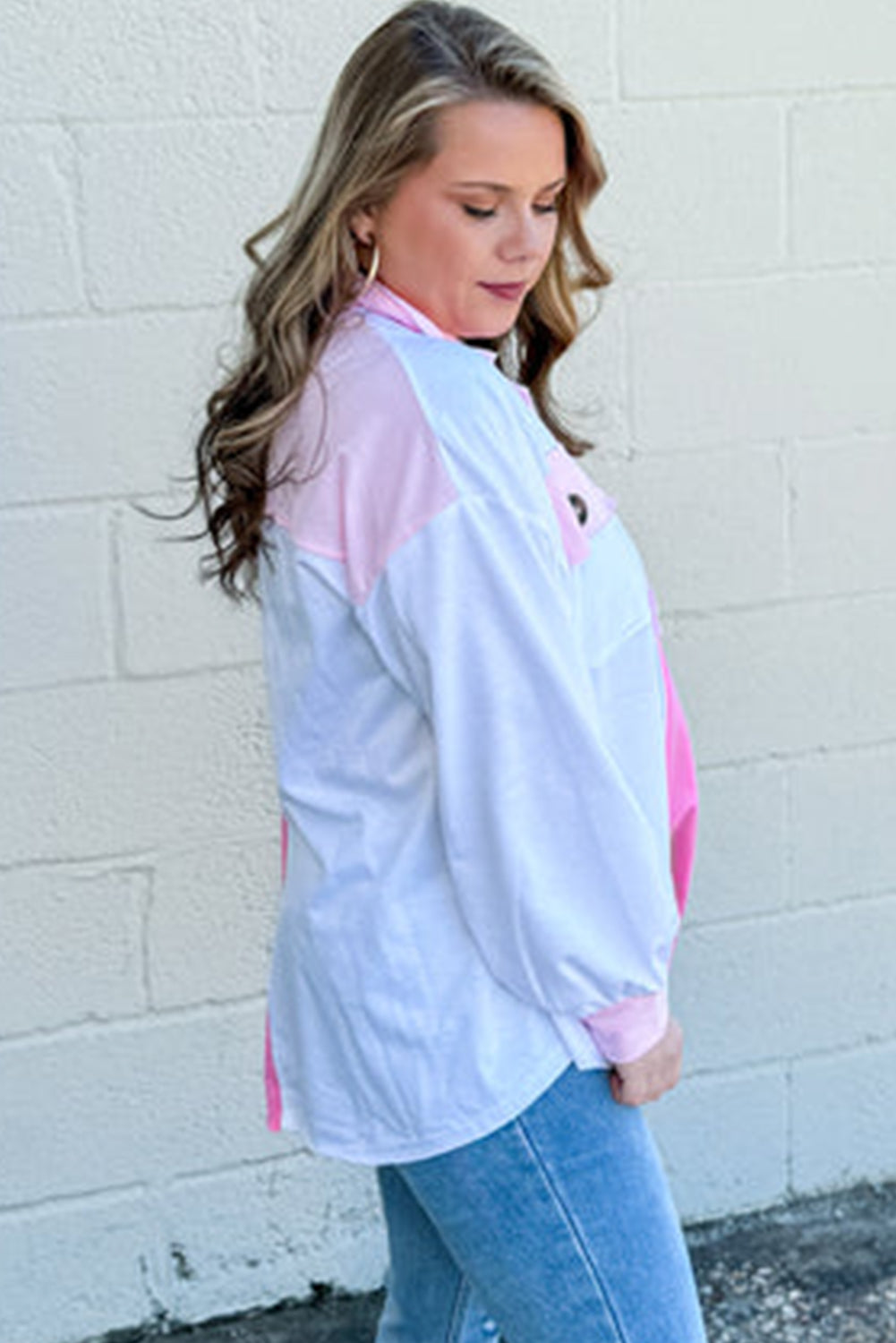 Bonbon Color Block Chest Pockets Half Button shirt