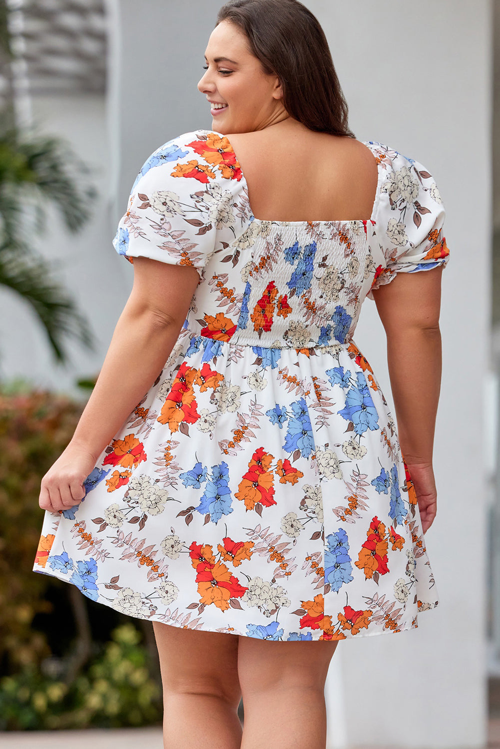 White Floral Smocked Flared Dress