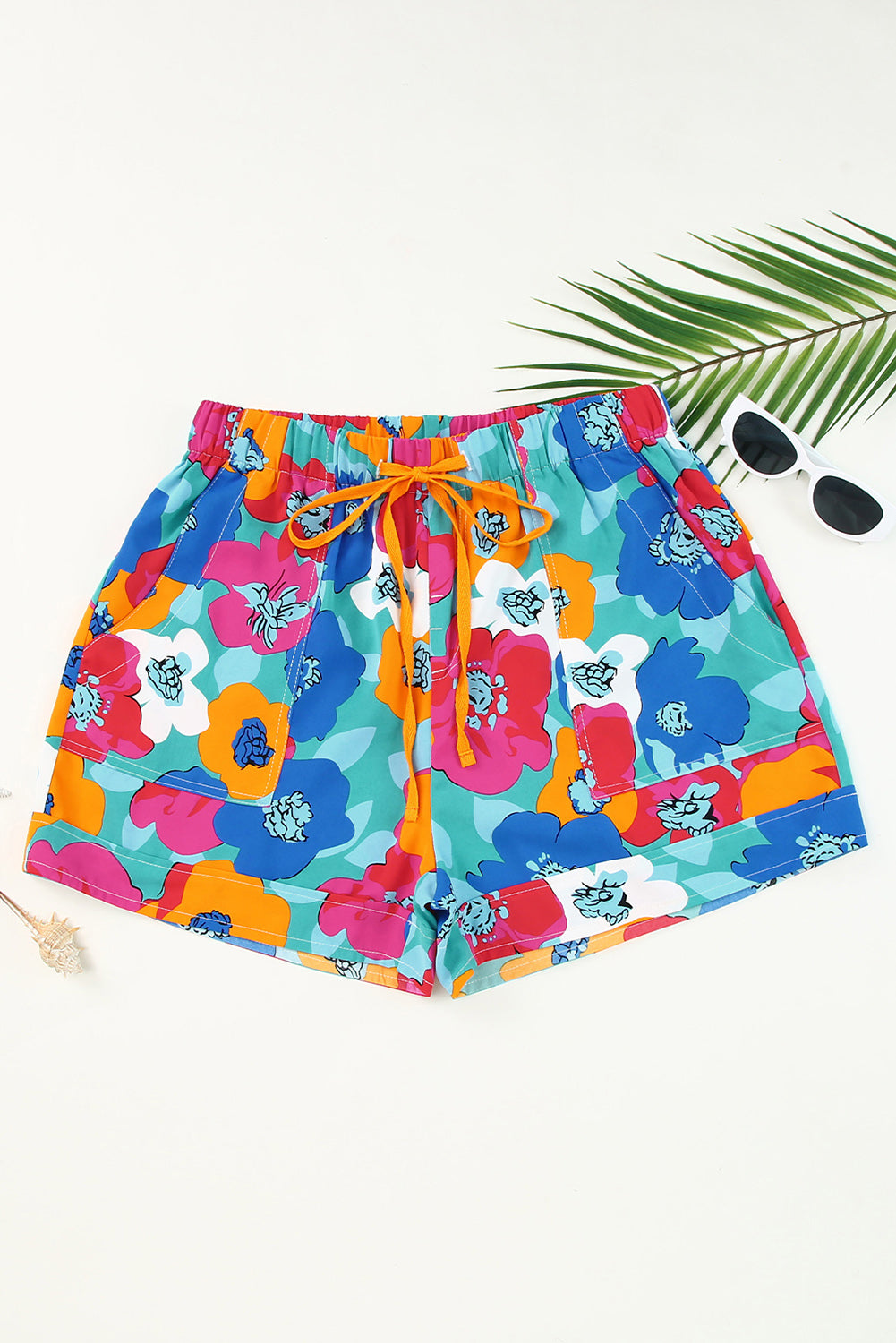 Multicolor Floral Print Drawstring Elastic Waist Shorts