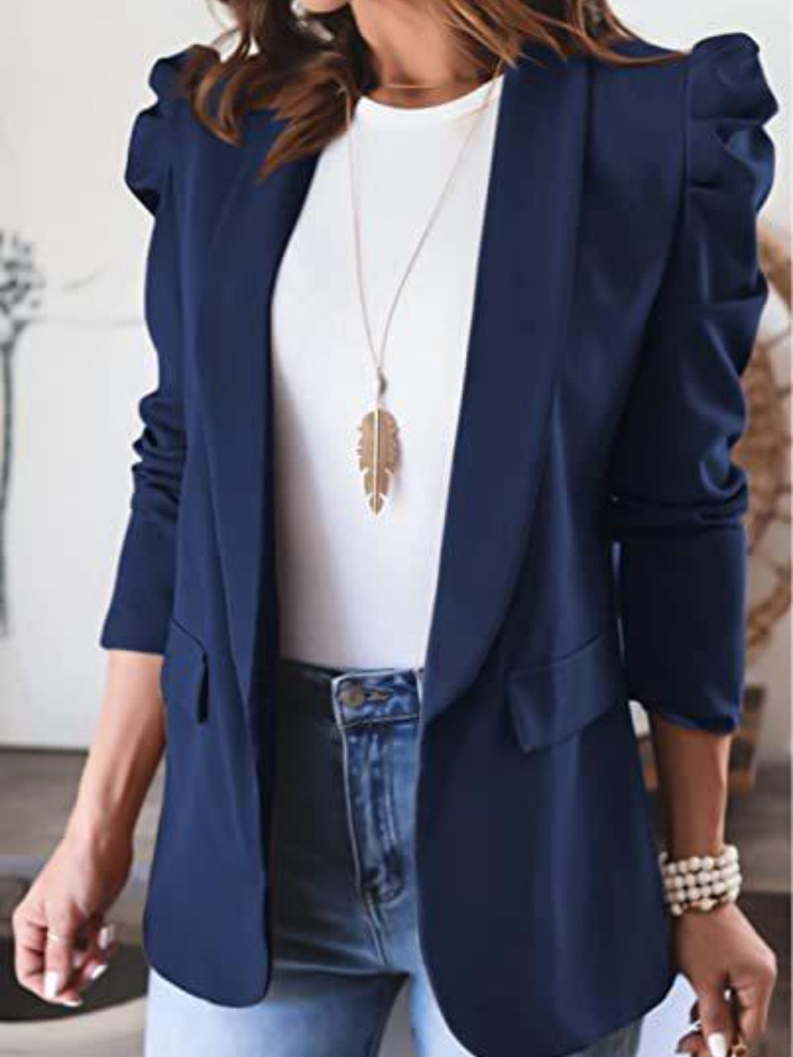 Collared Neck Puff Sleeve Blazer