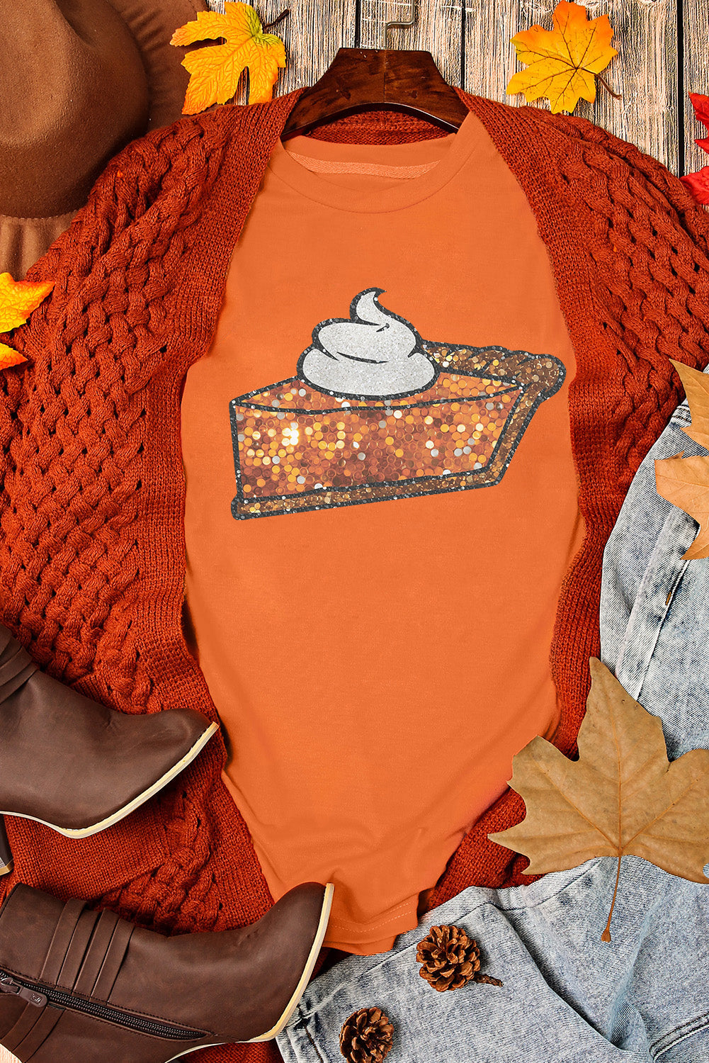 Sweet As Pumpkin Pie Graphic Cuffed Sleeve Crew Neck Tee