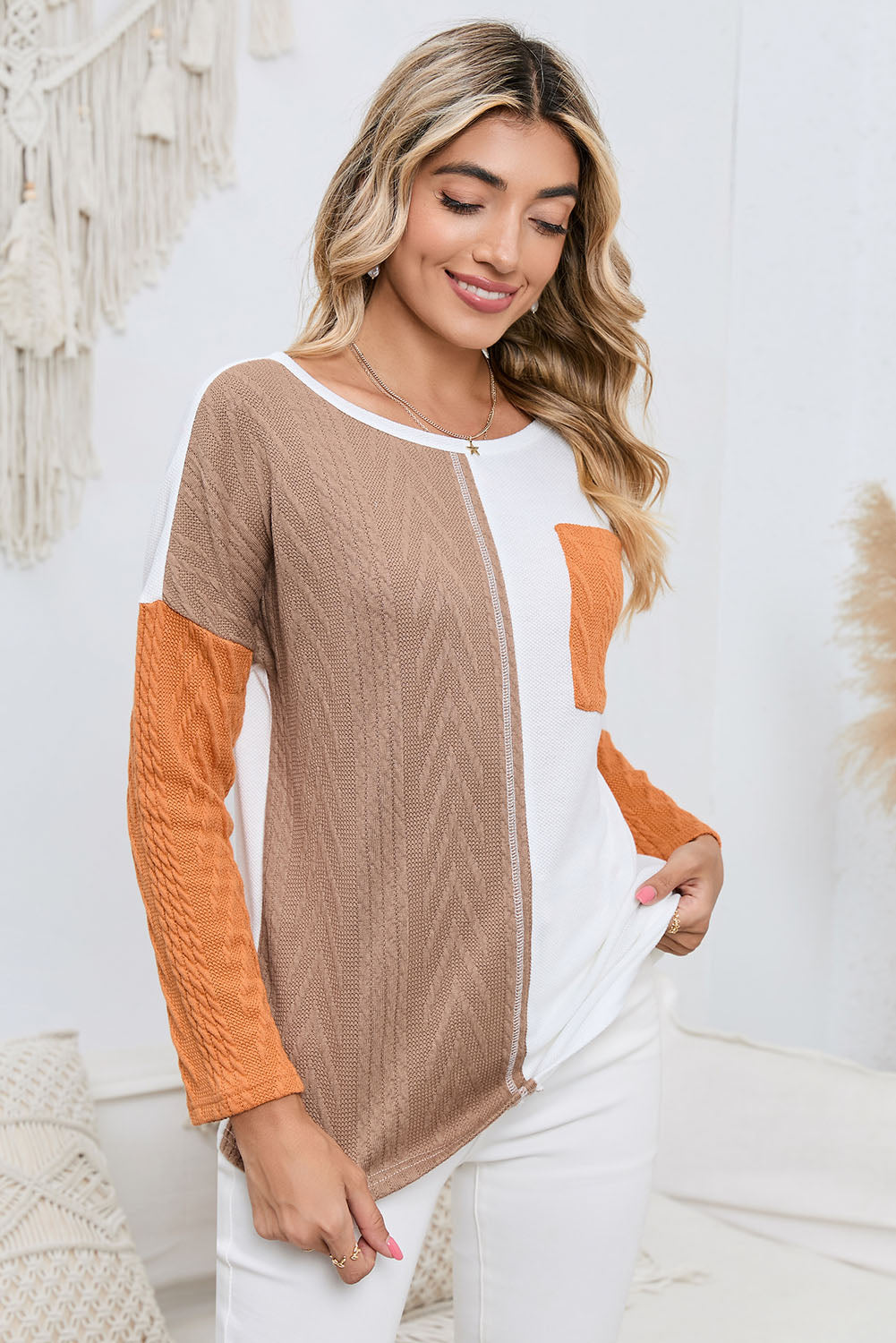 Orange Long Sleeve Colorblock Chest Pocket Textured Knit Top