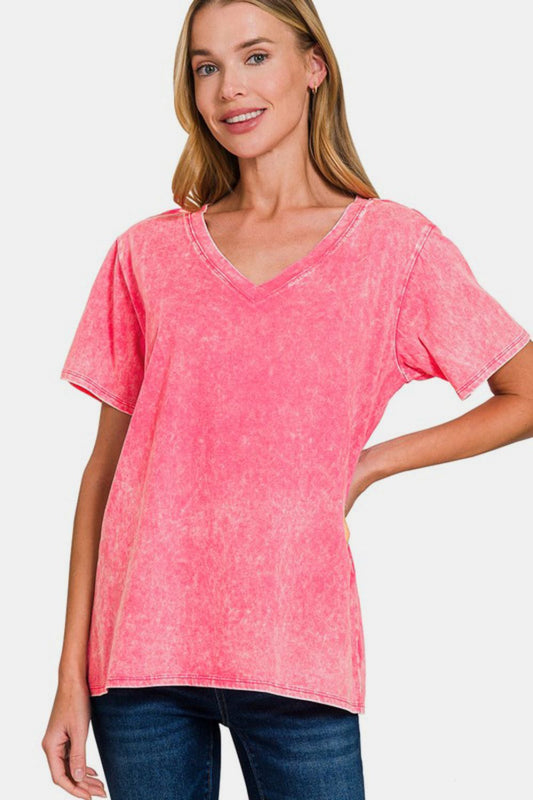 Zenana Washed Short Sleeve V-Neck T-Shirt