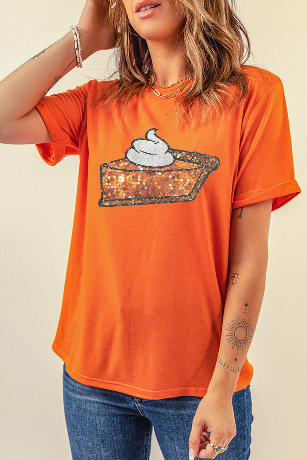 Sweet As Pumpkin Pie Graphic Cuffed Sleeve Crew Neck Tee