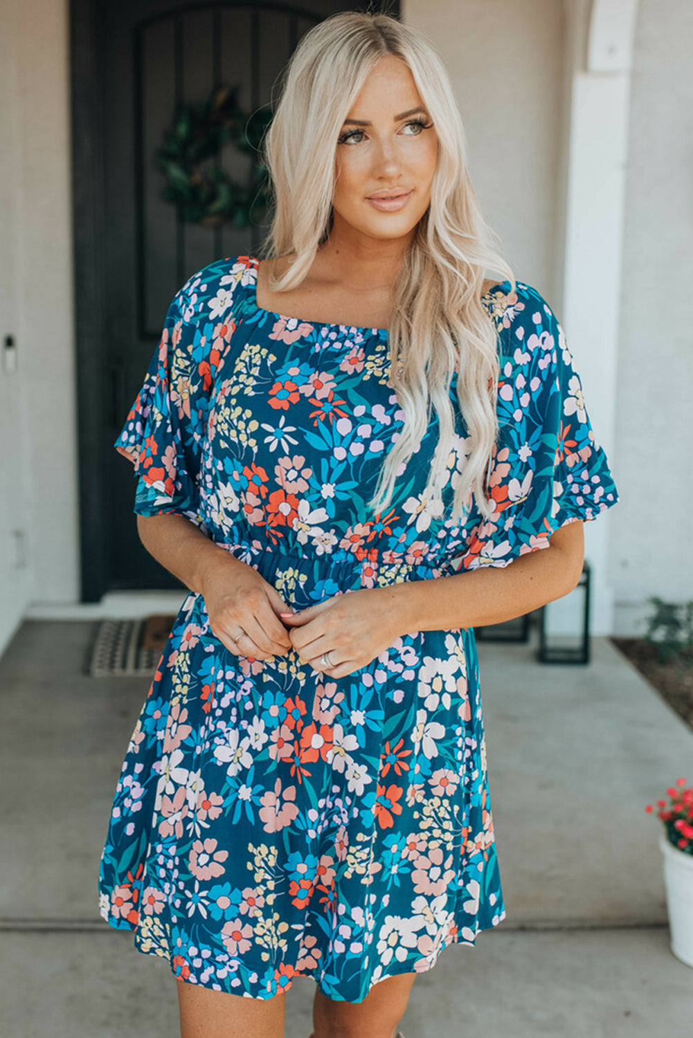 Dark Blue Bohemian Floral Print Off Shoulder Short Dress