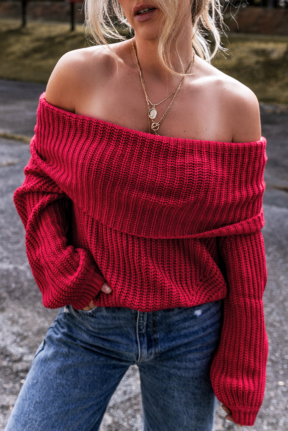 Racing Red Off Shoulder Ribbed Knit Sweater