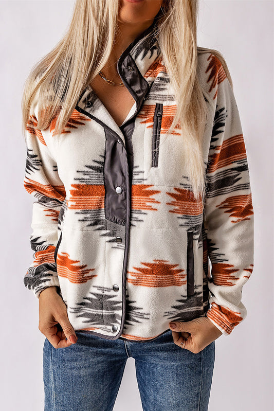 Multicolour Western Aztec Snap Buttoned Fleece Jacket