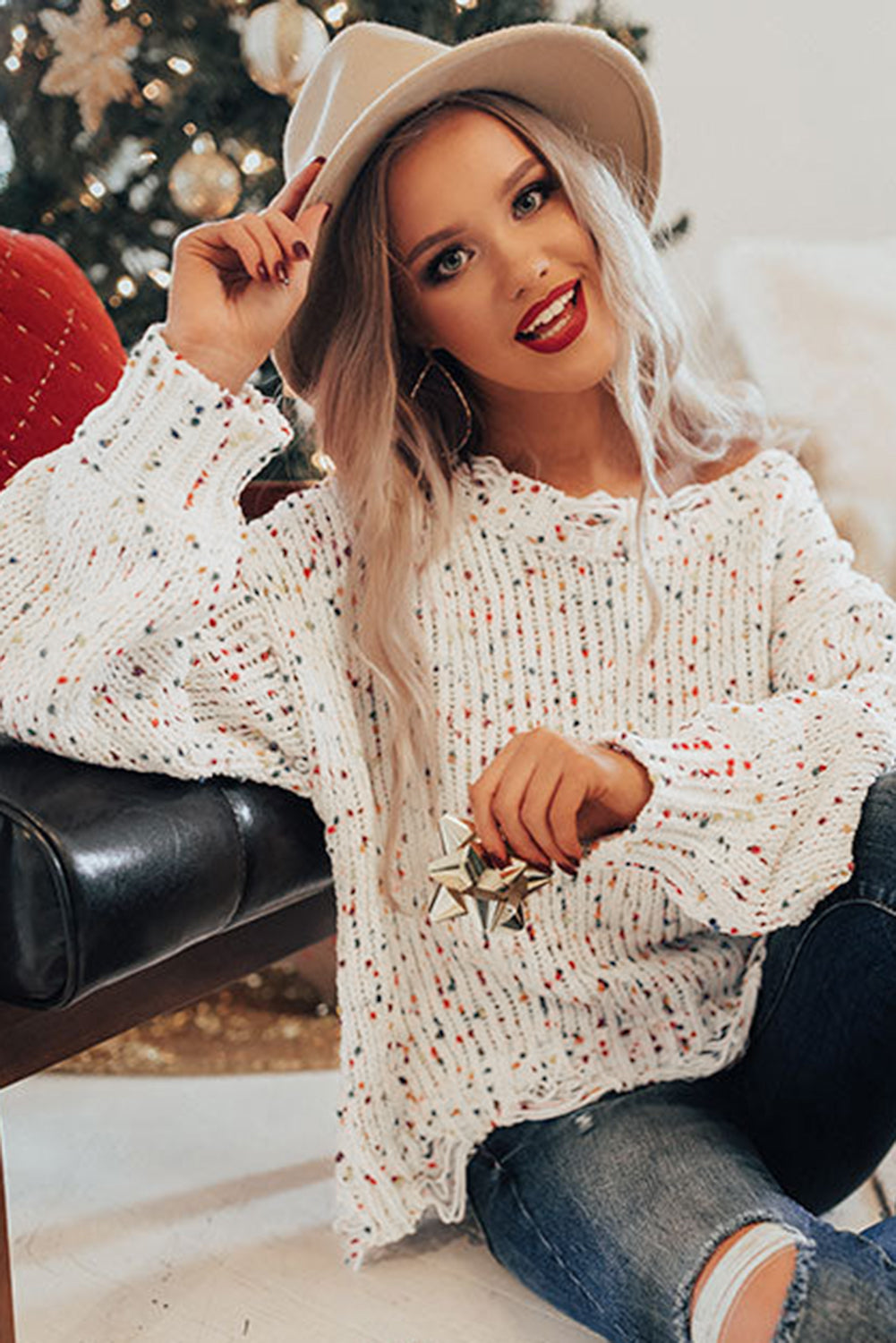 White Colorful Confetti Distressed Knit Sweater