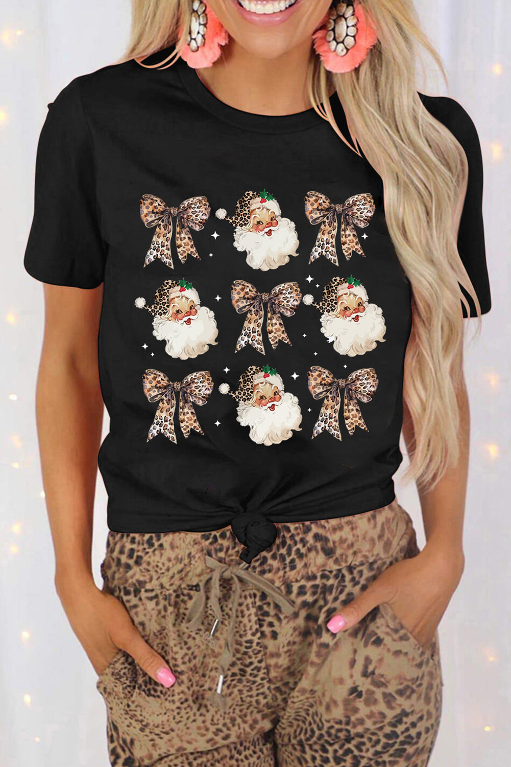 Black Santa Claus Leopard Bow Print Crew Neck Casual T Shirt