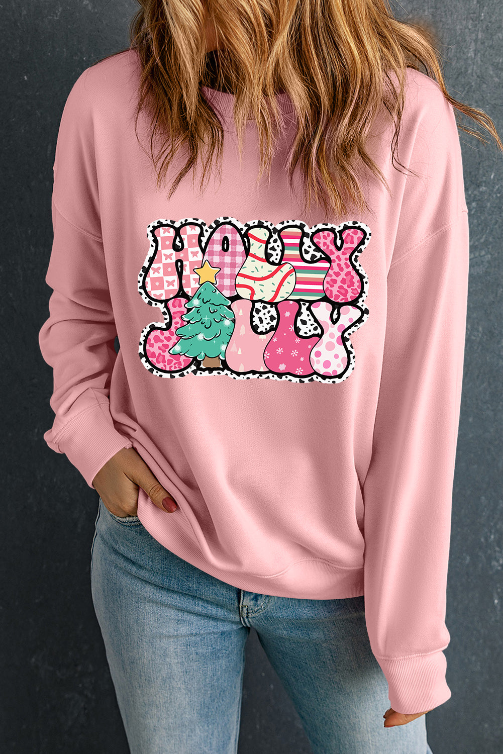 Pink Letter Print Christmas Graphic Crew Neck Sweatshirt