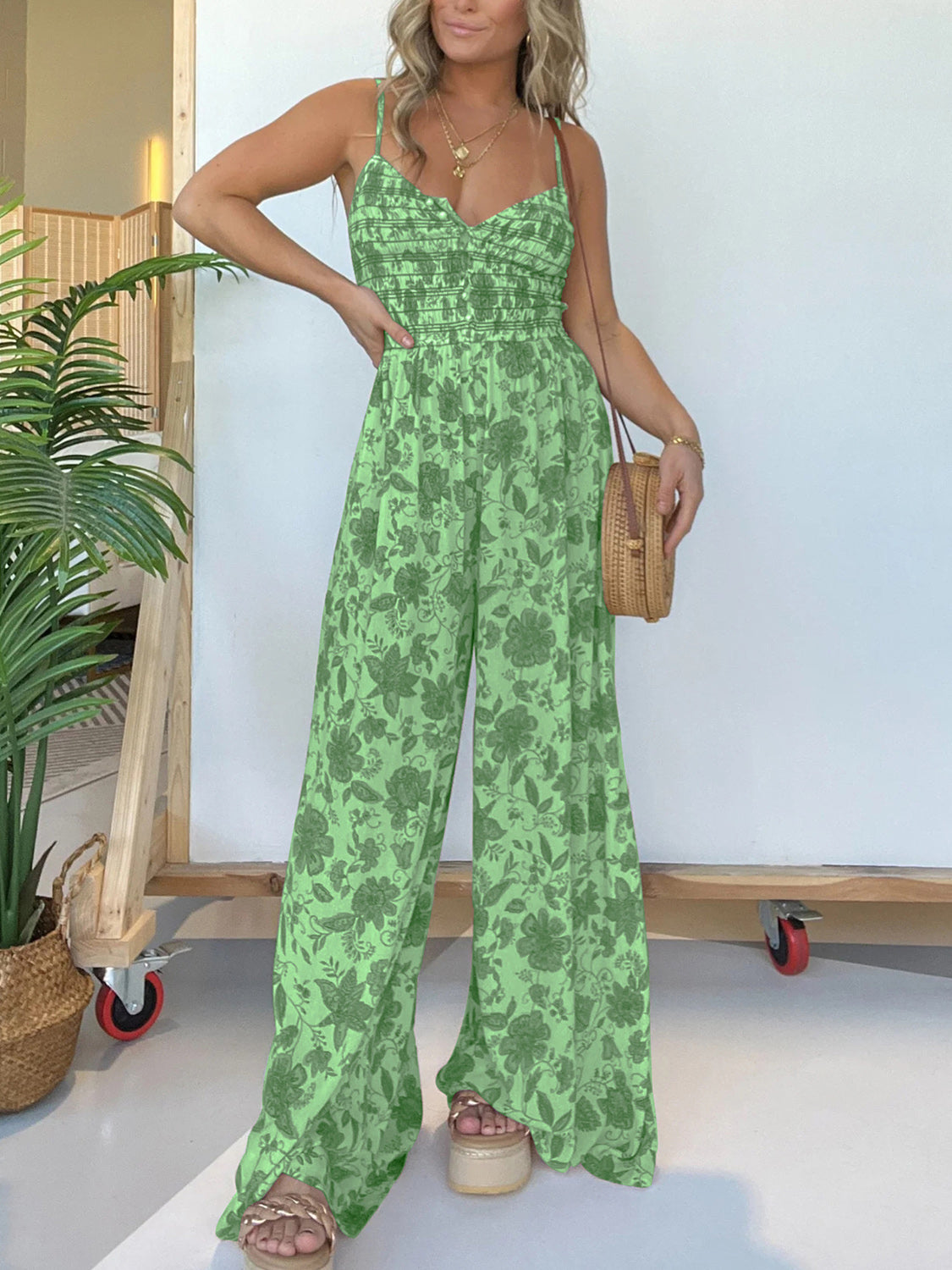 Printed Spaghetti Strap Wide Leg Jumpsuit