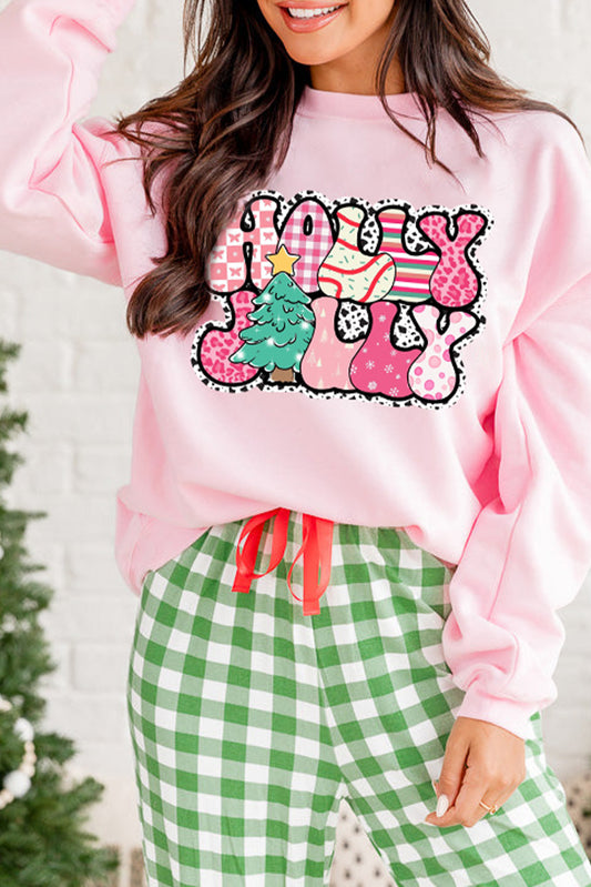 Pink Letter Print Christmas Graphic Crew Neck Sweatshirt