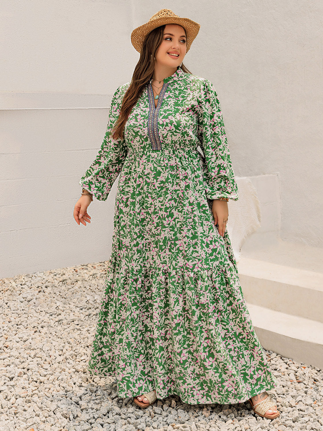 Printed Notched Long Sleeve Maxi Dress