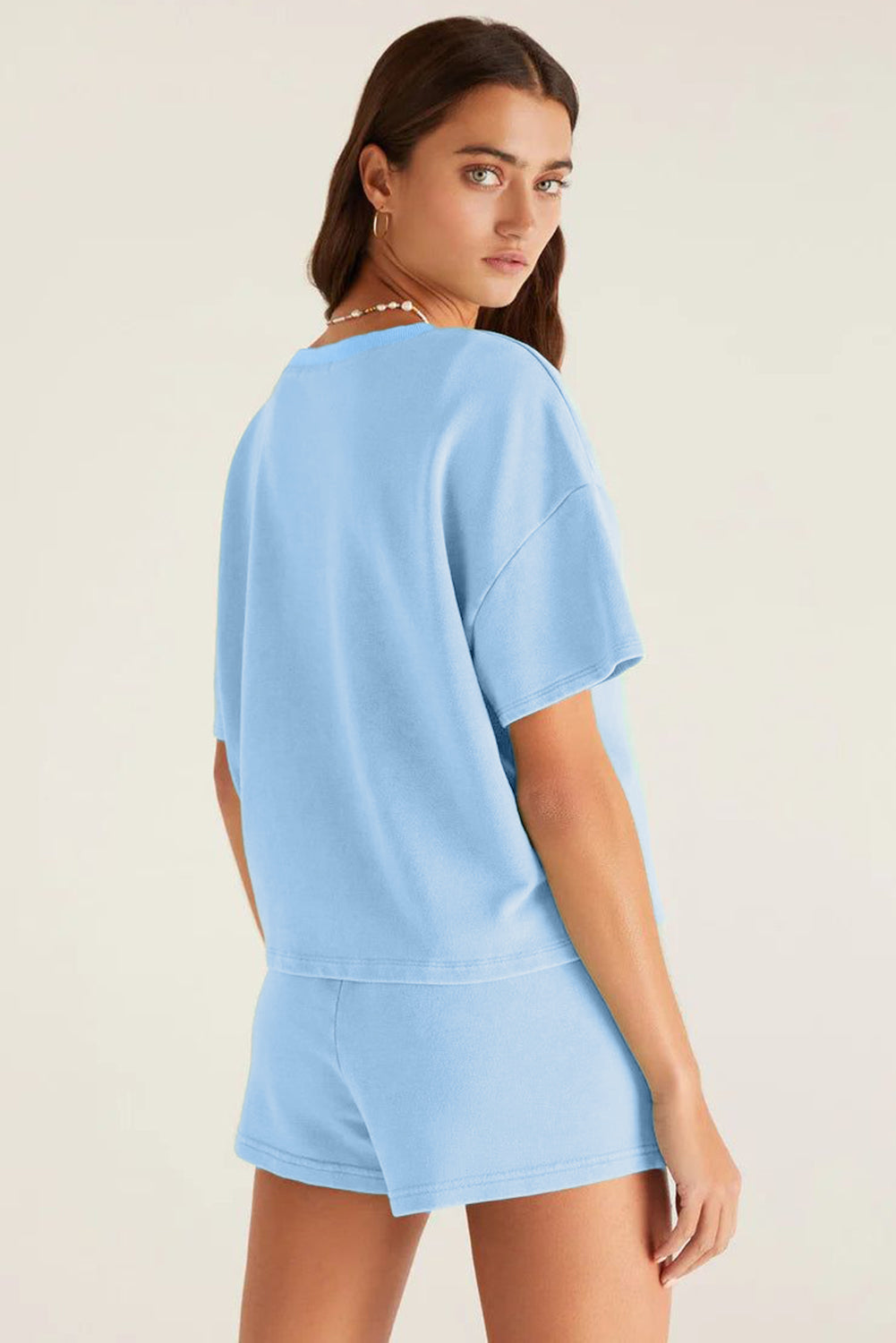 V Neck Drop Shoulder Tee and Patchwork Drawstring Shorts Set