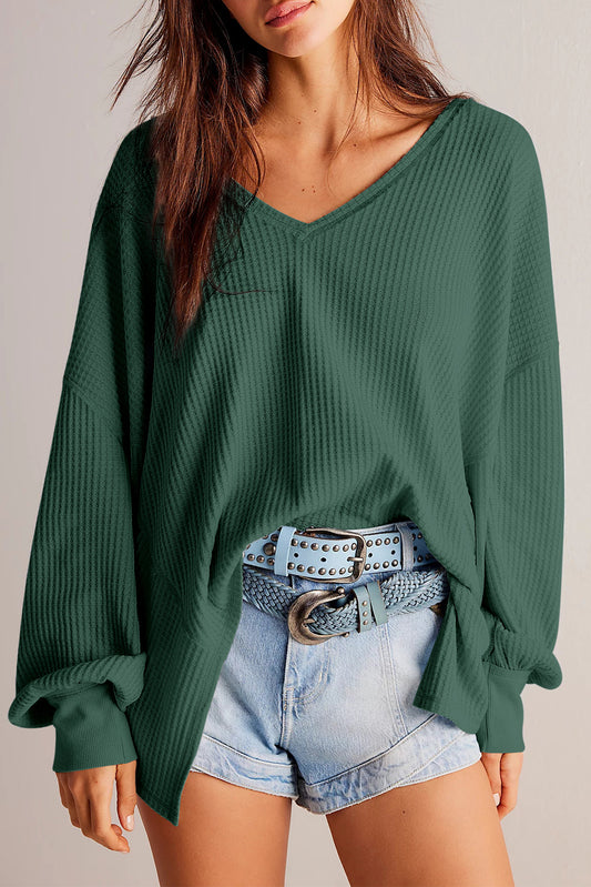 Waffle V Neck Long Sleeve Drop Shoulder Loose Blouse