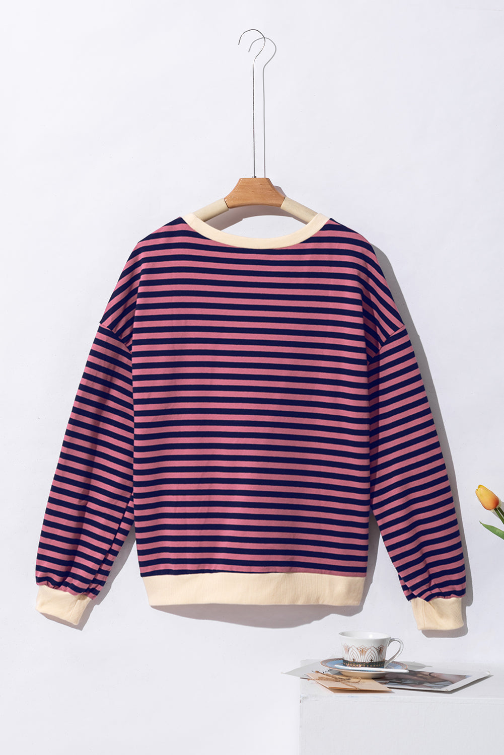 Black Stripe Oversized Contrast Trim Pullover Sweatshirt