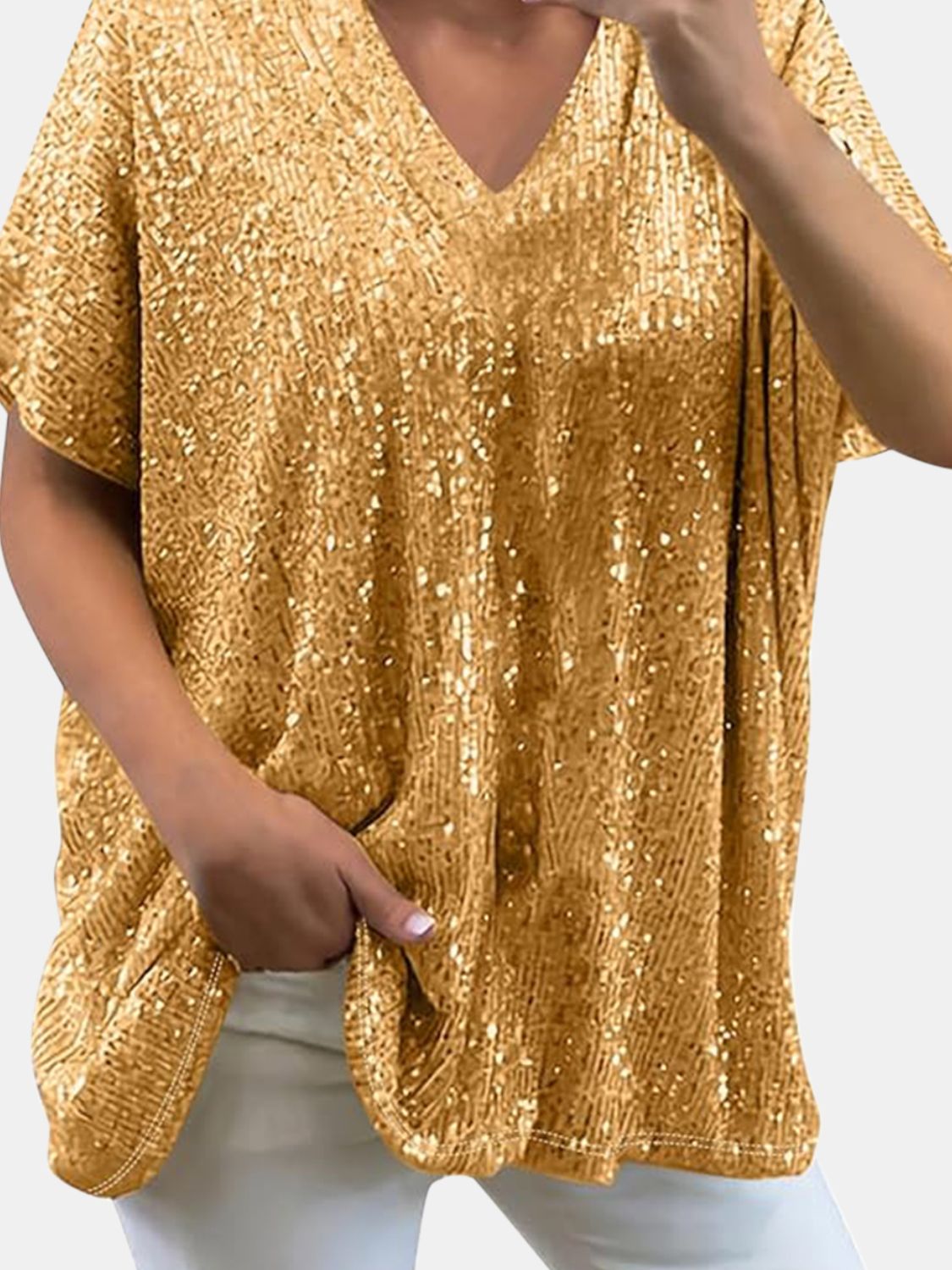 Sequin V-Neck Short Sleeve Top