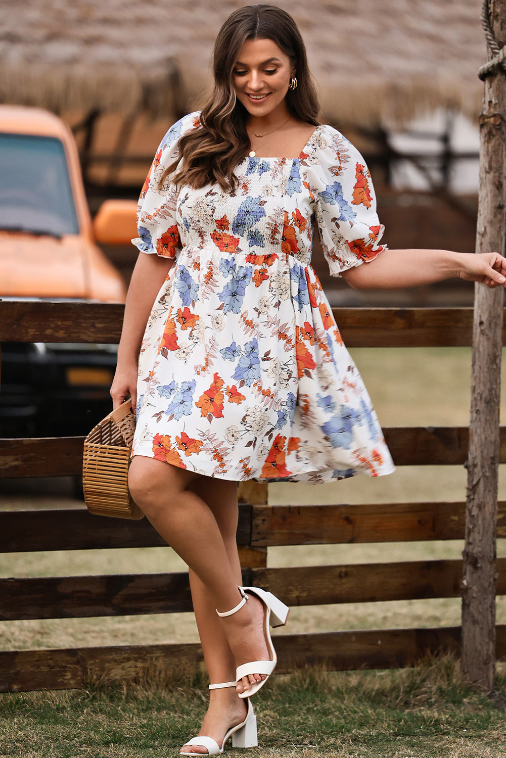 White Floral Smocked Flared Dress