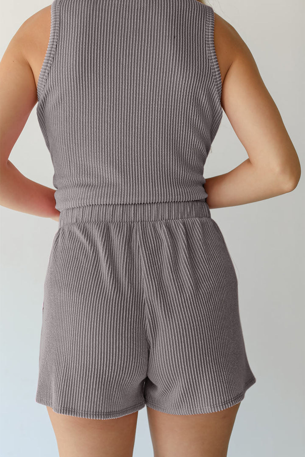 Smoke Gray Corded Sleeveless Top and Pocketed Shorts Set