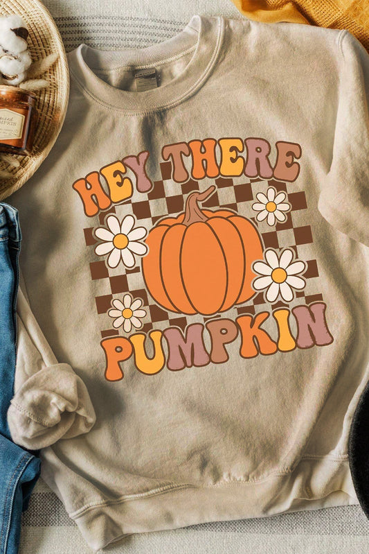 Khaki Floral Checkered Pumpkin Graphic Sweatshirt