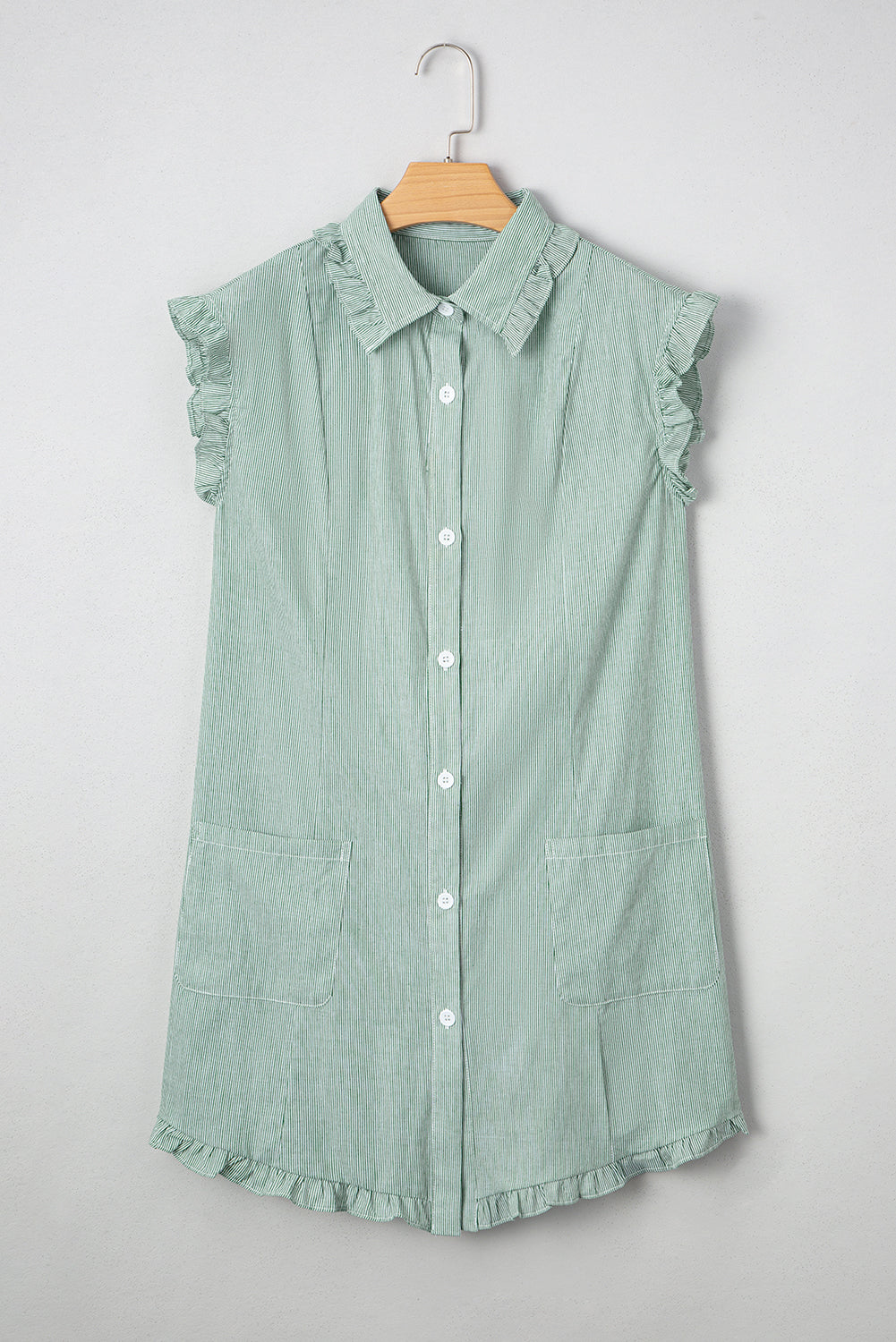 Stripe Frilled Sleeveless Collar Front Pocket Button Up Mini Dress