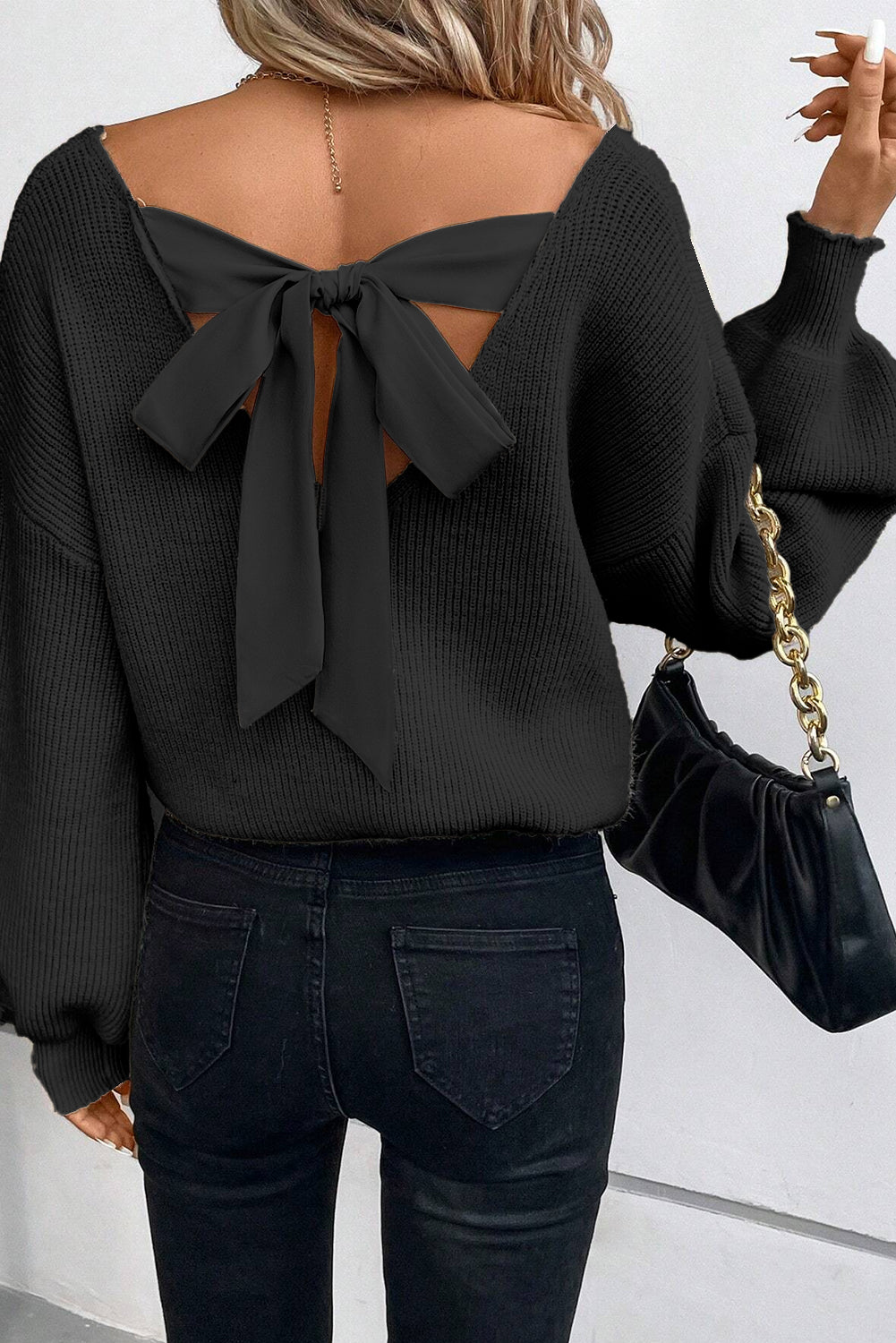 Oh So Sweet! Lantern Sleeve V Neck Knot Back Sweater