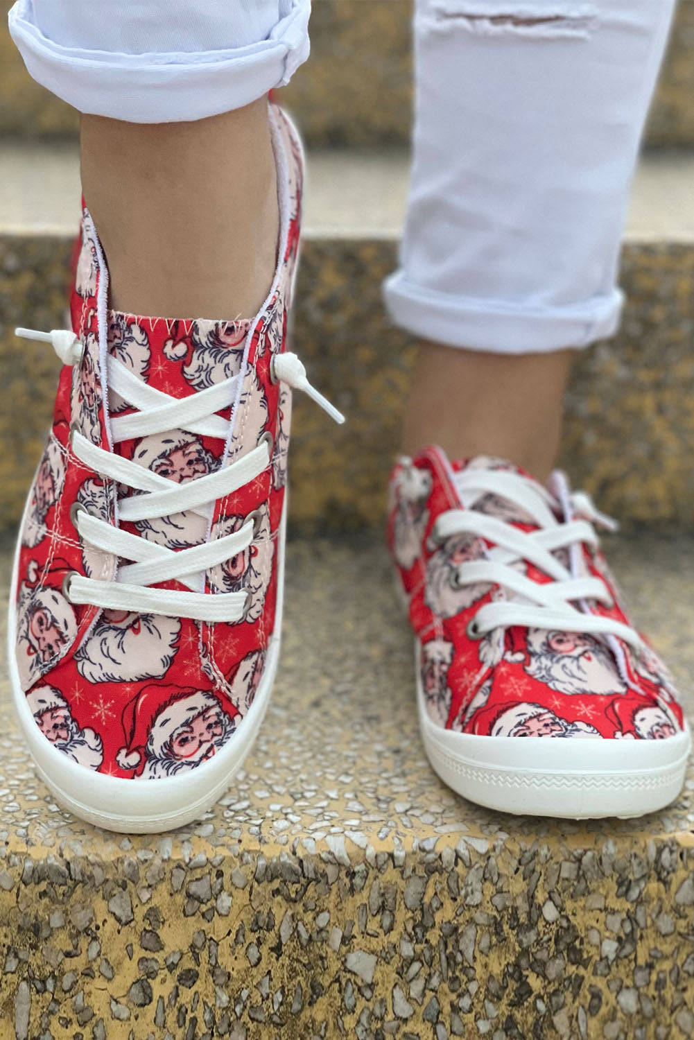 Christmas Santa Print Lace Up Flat Sneakers