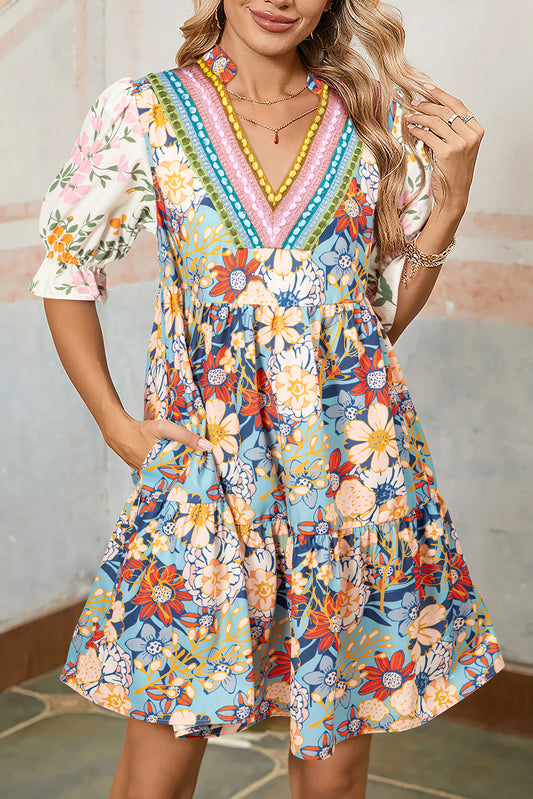 Boho Floral Print Crochet Patchwork Dress